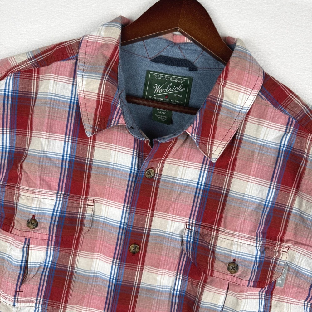Woolrich Ripstop Button Up Shirt Men XL Plaid S/S Chest Pockets Utility Workwear